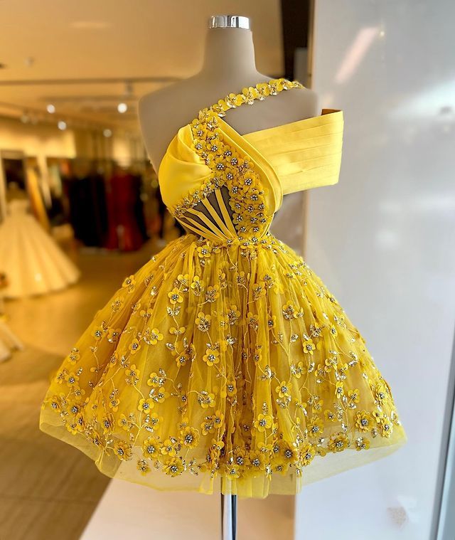 Yellow One Shoulder Tulle A Line Homecoming Dresses     S5931