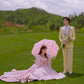 Elegant pink satin puff sleeve dress with ribbons pink Evening Dresses          S6488