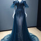Vintage A Line Off The Shoulder Tulle Navy Blue Prom Dress      S6393