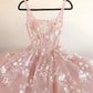 Pink Square Neck A Line Floral Prom Dress     S6506