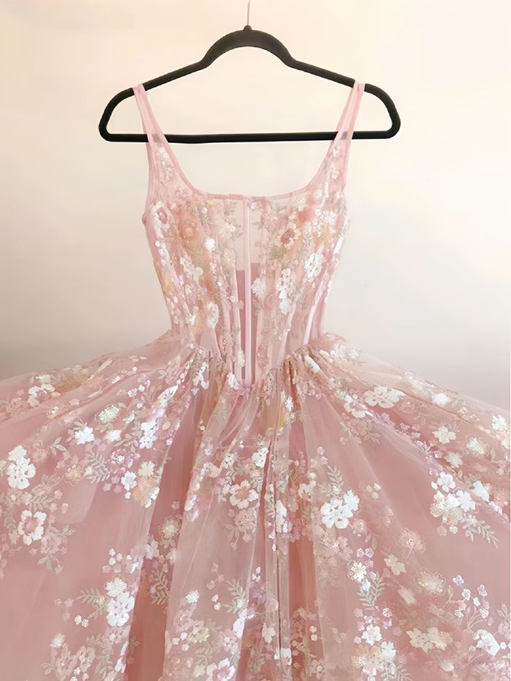 Pink Square Neck A Line Floral Prom Dress     S6506