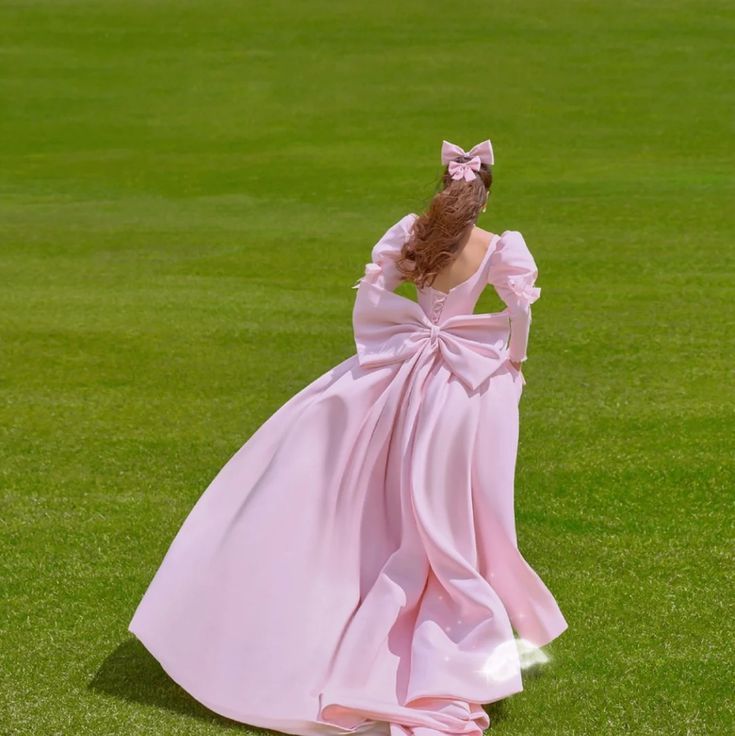 Elegant pink satin puff sleeve dress with ribbons pink Evening Dresses          S6488