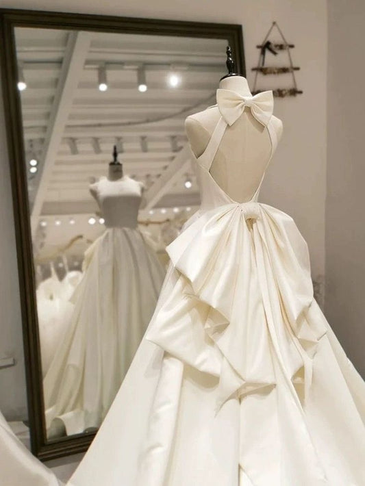 Elegant ivory a line backles satin long wedding dress        S6405