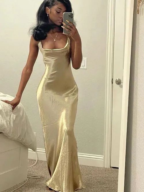 Elegant Mermaid Straps Gold Maxi Dress 21th Birthday Outfits       S6070