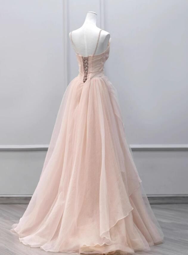 Tulle Beaded Straps Long Prom Dress, A-line Tulle Party Dress    S6353