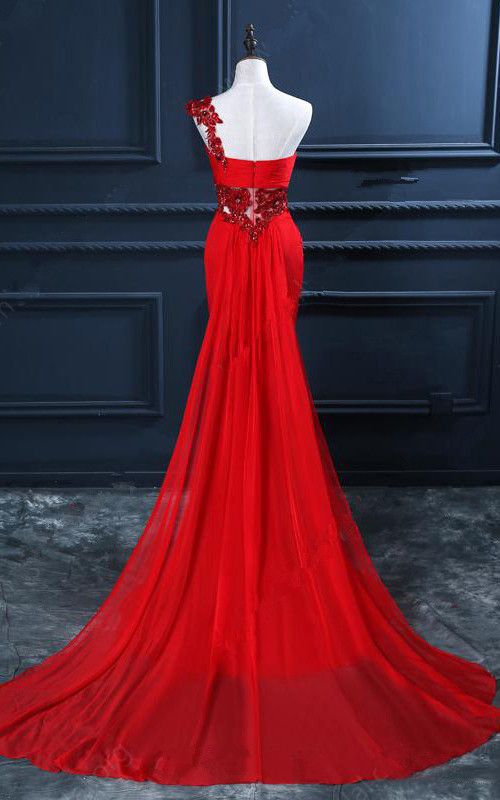 Trumpet Mermaid One Shoulder Chiffon Appliques Lace Beading Red Long Prom Dress       S6333