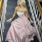 Vintage Pink Strapless Satin Long Prom Dresses Evening Dress With Flowers    S6266