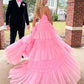 Gorgeous V Neck Layered Pink Tulle Long Prom Dresses with High Slit, Long Pink Tulle Formal Evening Dresses          S6484