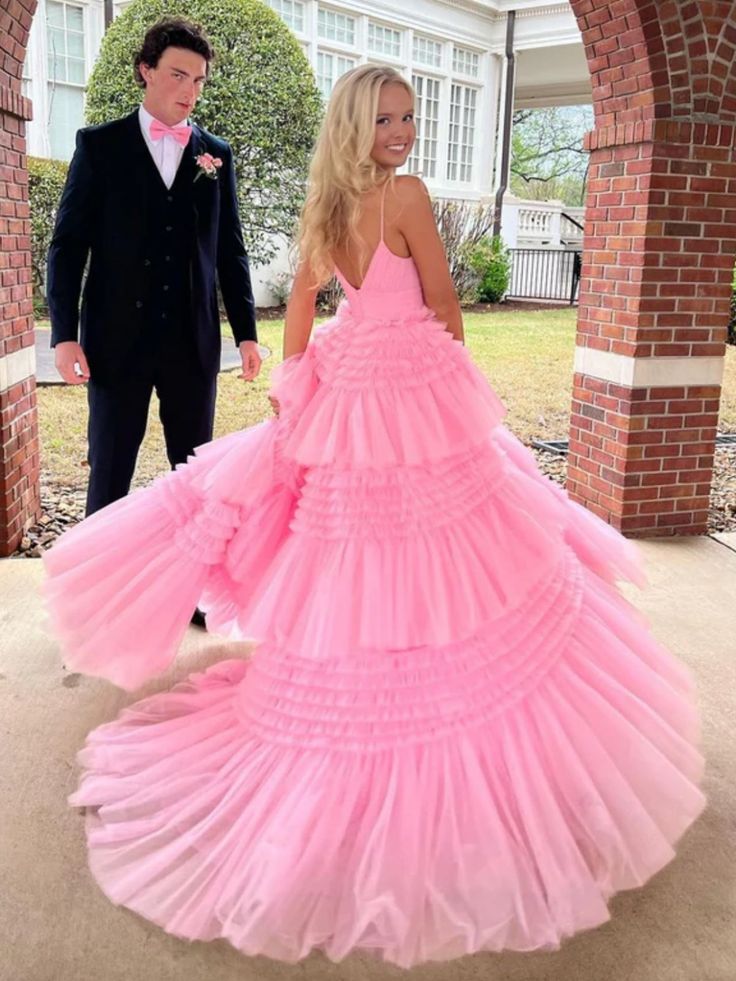 Gorgeous V Neck Layered Pink Tulle Long Prom Dresses with High Slit, Long Pink Tulle Formal Evening Dresses          S6484