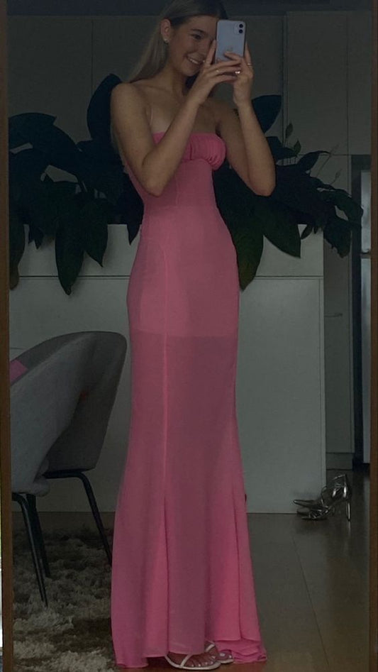 Simple Sheath Strapless Pink Long Prom Dresses         S6071