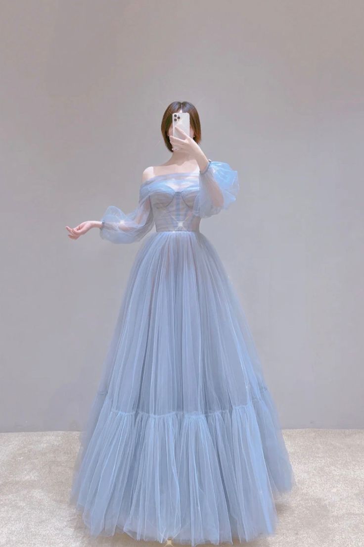 Blue Tulle Long Prom Dress, Beautiful Long Sleeve Tulle Evening Dress        S6283