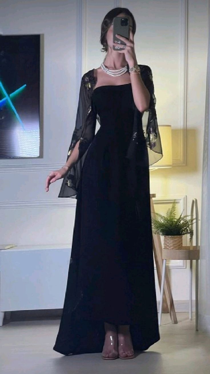 Saudi Arabia Evening Dresses for Women Black Prom Dresses Long Sleeve Chiffon Jackets Wedding Guest Dress     S6308