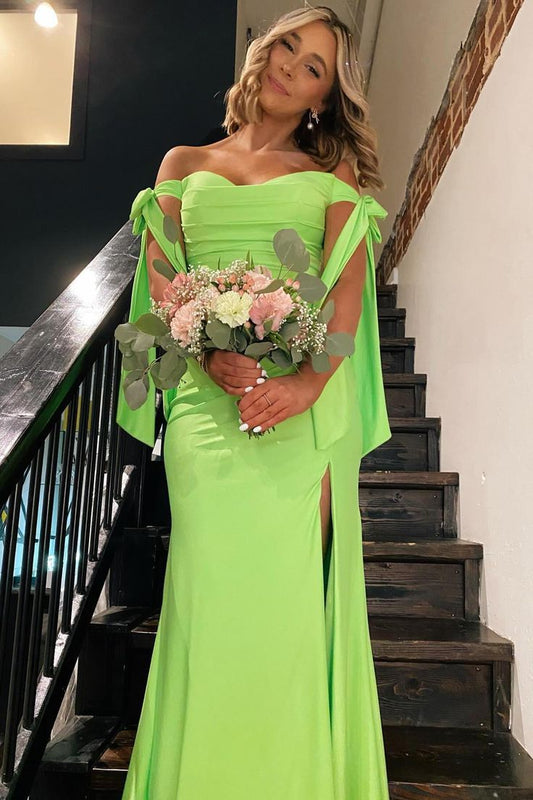 Off the Shoulder Lemon Green Ruched Mermaid Long Formal Dress      S6517