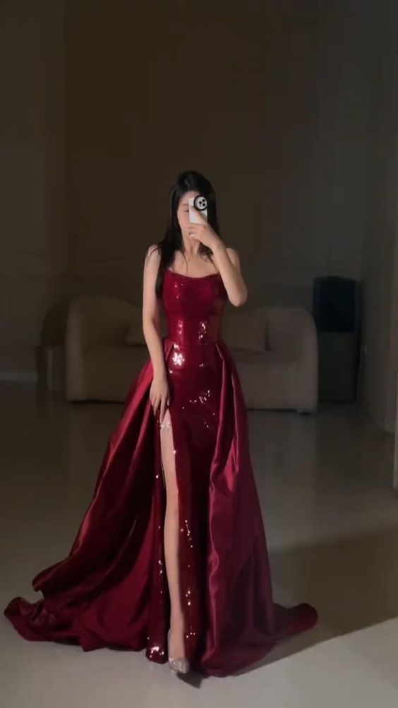 Sexy Mermaid Red Sleeveless Long Sequin Prom Dress Evening Dresses        S6075