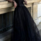 Vintage A Line Off The Shoulder Tulle Black Long Prom Dress      S6307