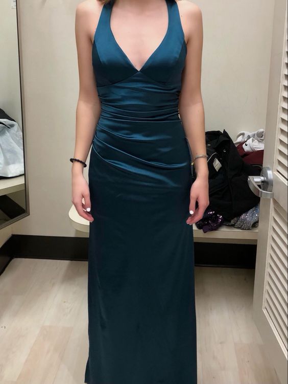 Long Formal Dress Women Teal Satin Sleeveless Evening Dress       S6523