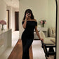 Fancy Off The Shoulder Black Long Evening Dresses       S6114