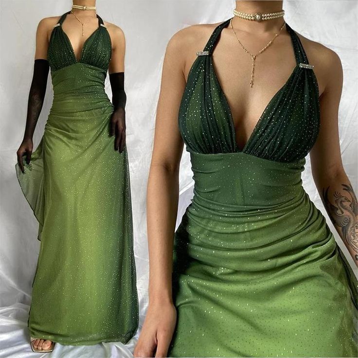 Green V Neck Halter Shiny Vintage Long Prom Dress        S6131