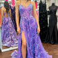 Cute A Line V Neck Purple Sequins Lace Tulle Prom Dress       S6448