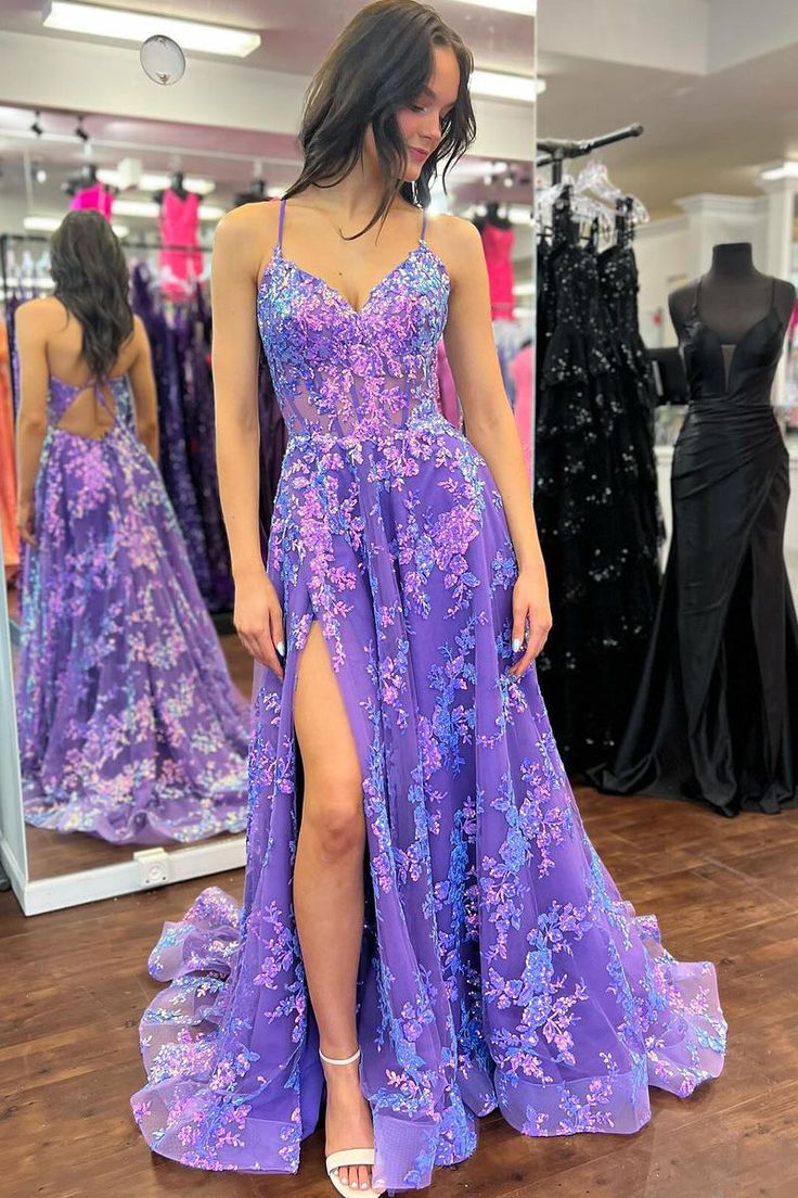 Cute A Line V Neck Purple Sequins Lace Tulle Prom Dress       S6448