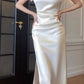 White prom dress long-sleeved engagement dress satin birthday dress    S5936