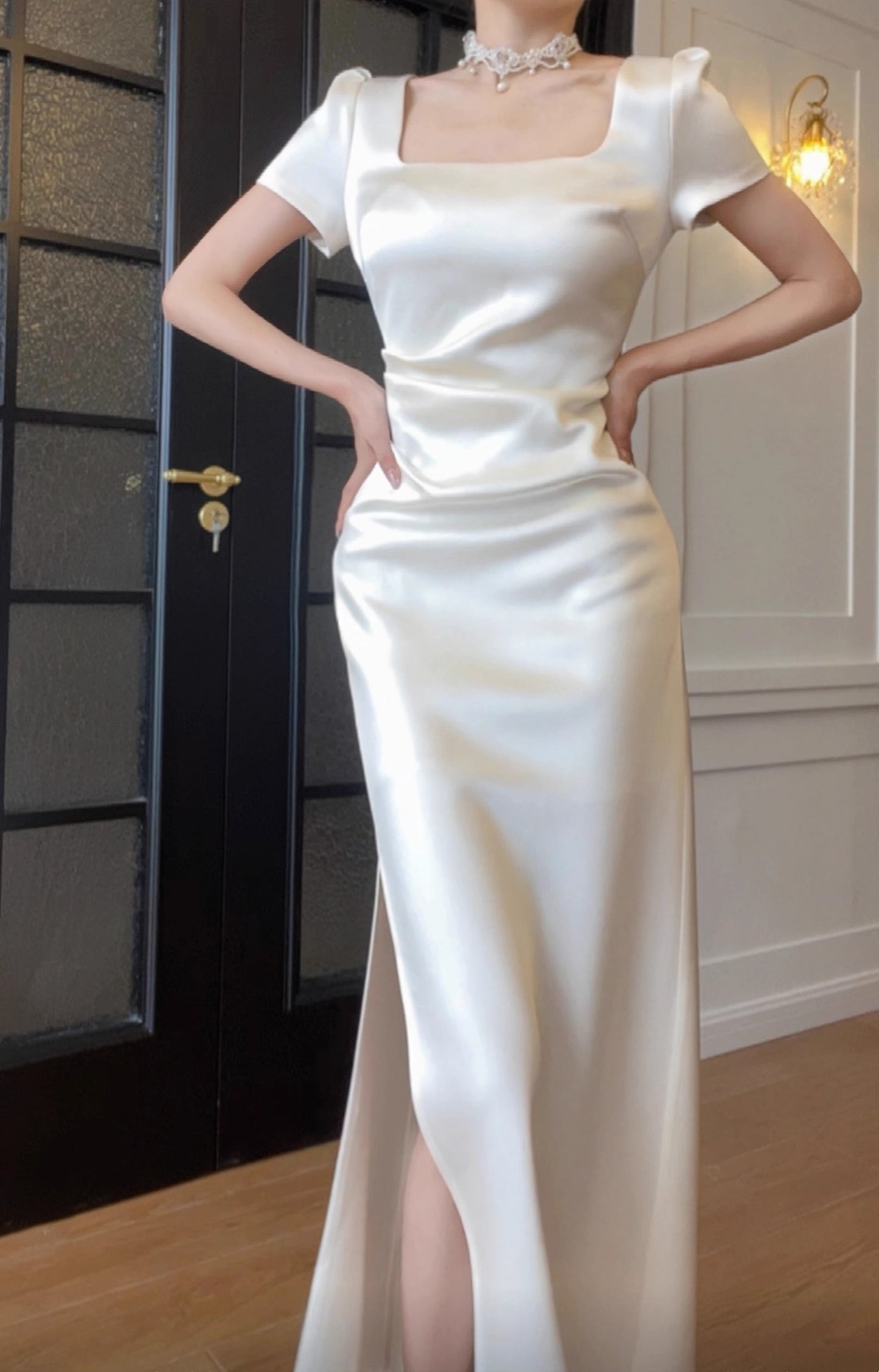 White prom dress long-sleeved engagement dress satin birthday dress    S5936