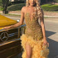 Luxury Gold Rhinestone Prom Dresses for Black Girls Beaded African Party Gowns Pageant Dresses            S6227