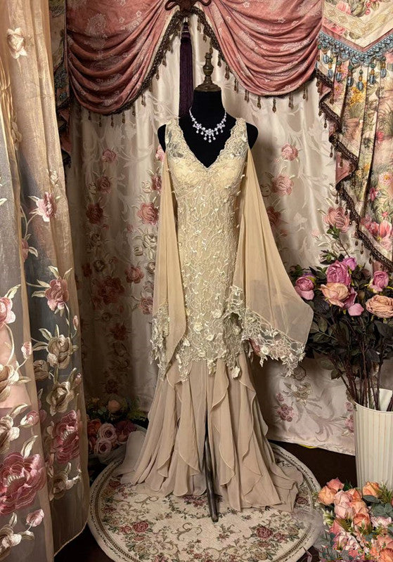 Champagne Mermaid Long Princess Dress Girl Prom Gown        S6540