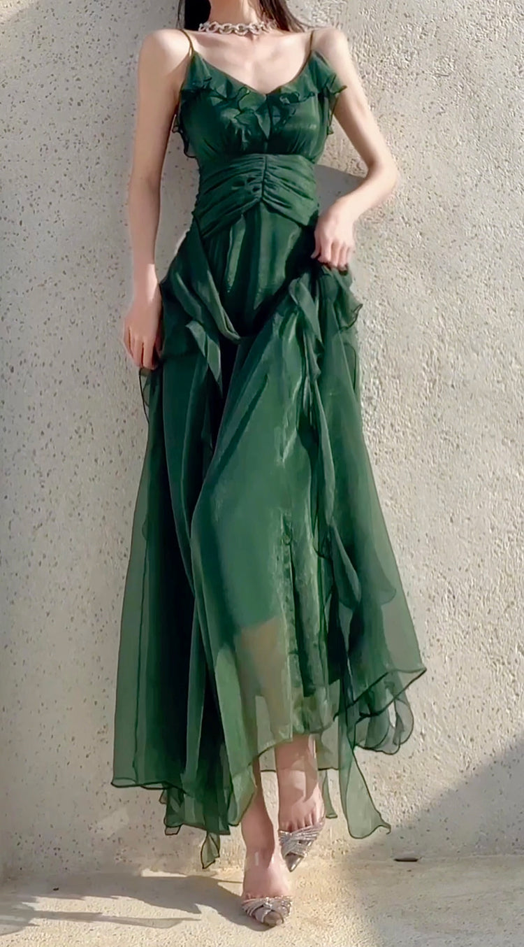 Green party dress women's ruffled long evening gown       S5979