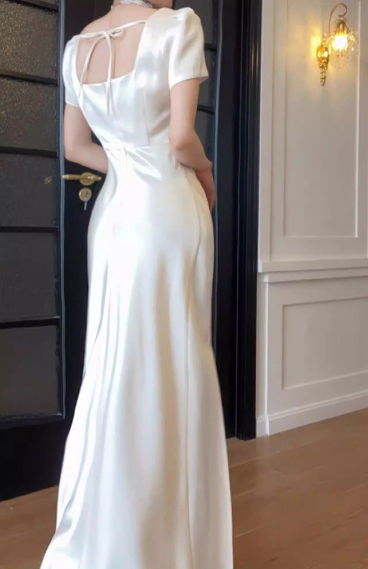 White prom dress long-sleeved engagement dress satin birthday dress    S5936