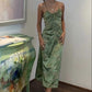 Green Vintage Printed Satin Midi Length Party Dress       S6197