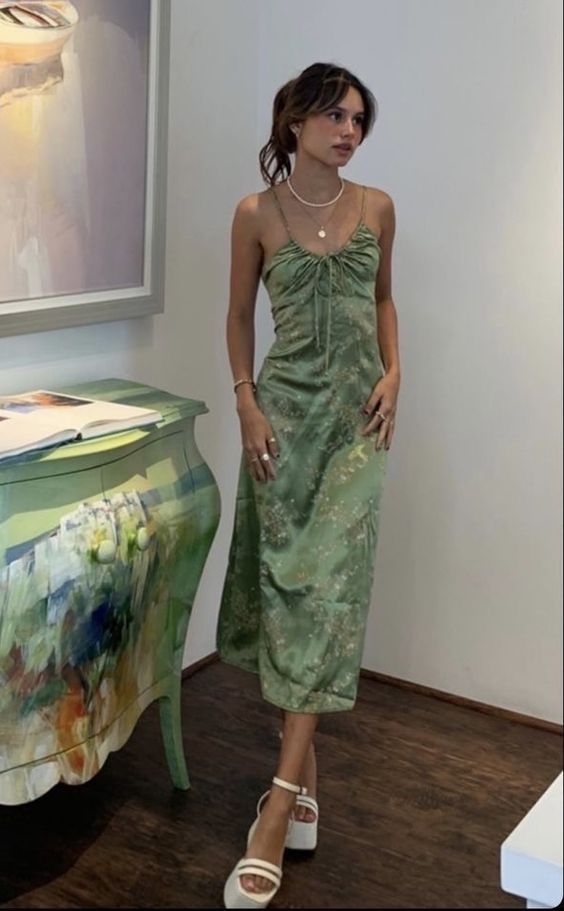 Green Vintage Printed Satin Midi Length Party Dress       S6197