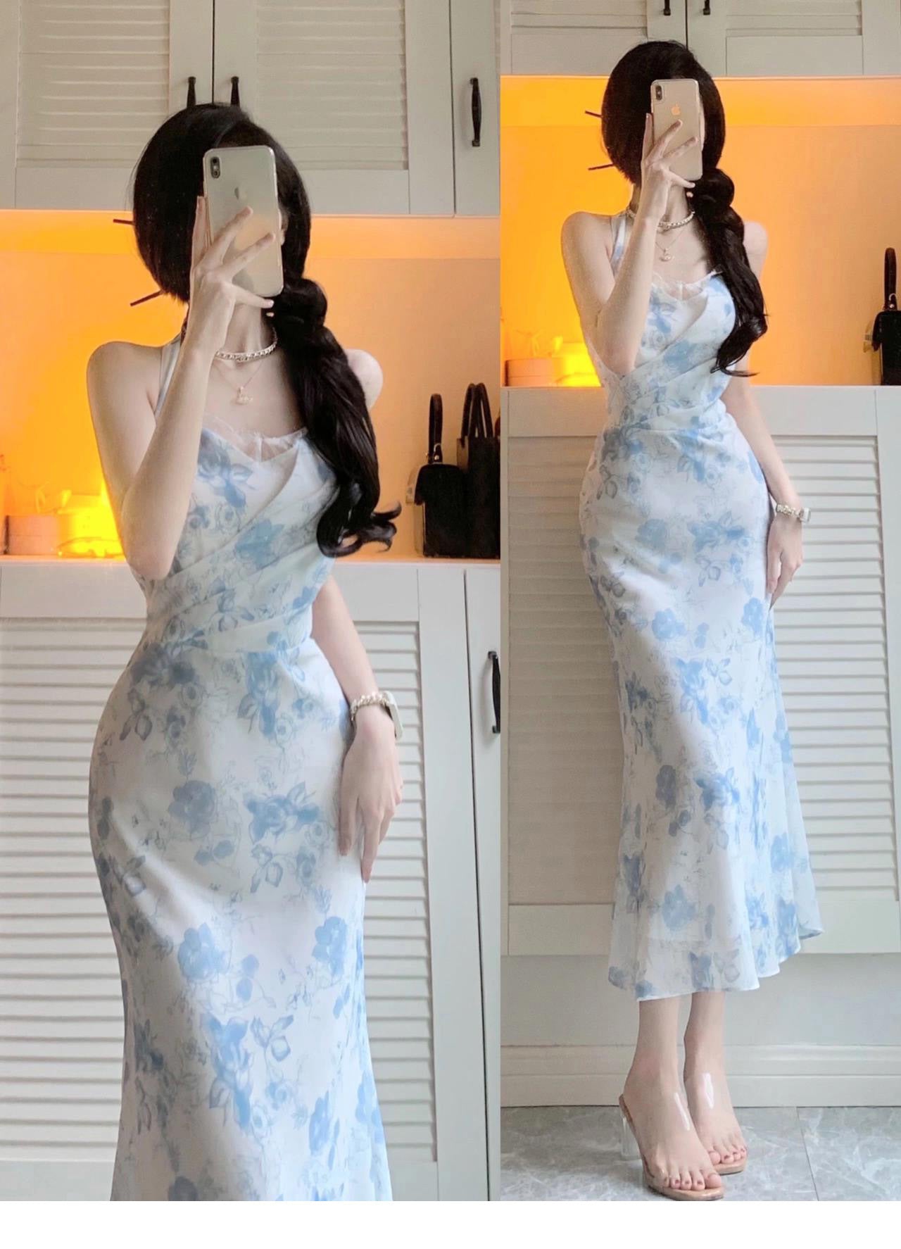 Floral suspender dress for women long party dress     S5793