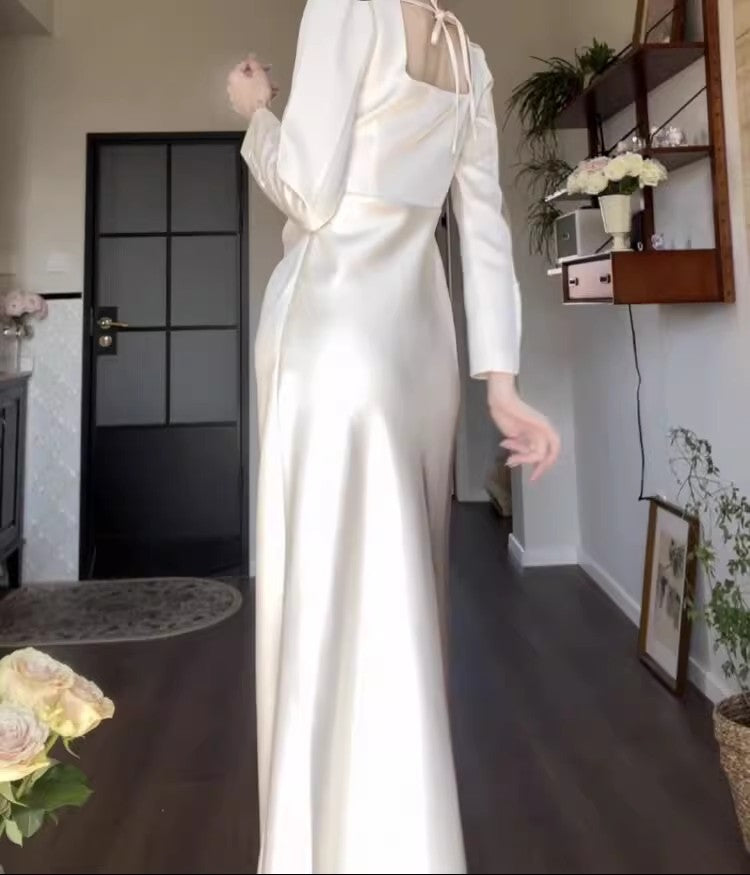 White prom dress long-sleeved engagement dress satin birthday dress    S5936