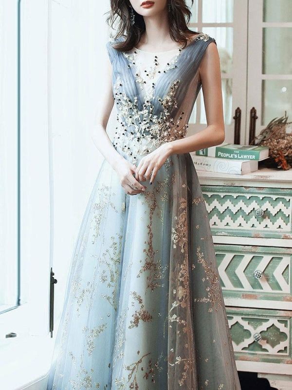 Prom Dress A Line Sleeveless Floor Length Jewel Neck Lace Appliqued Formal Occasion Dresses         S5966