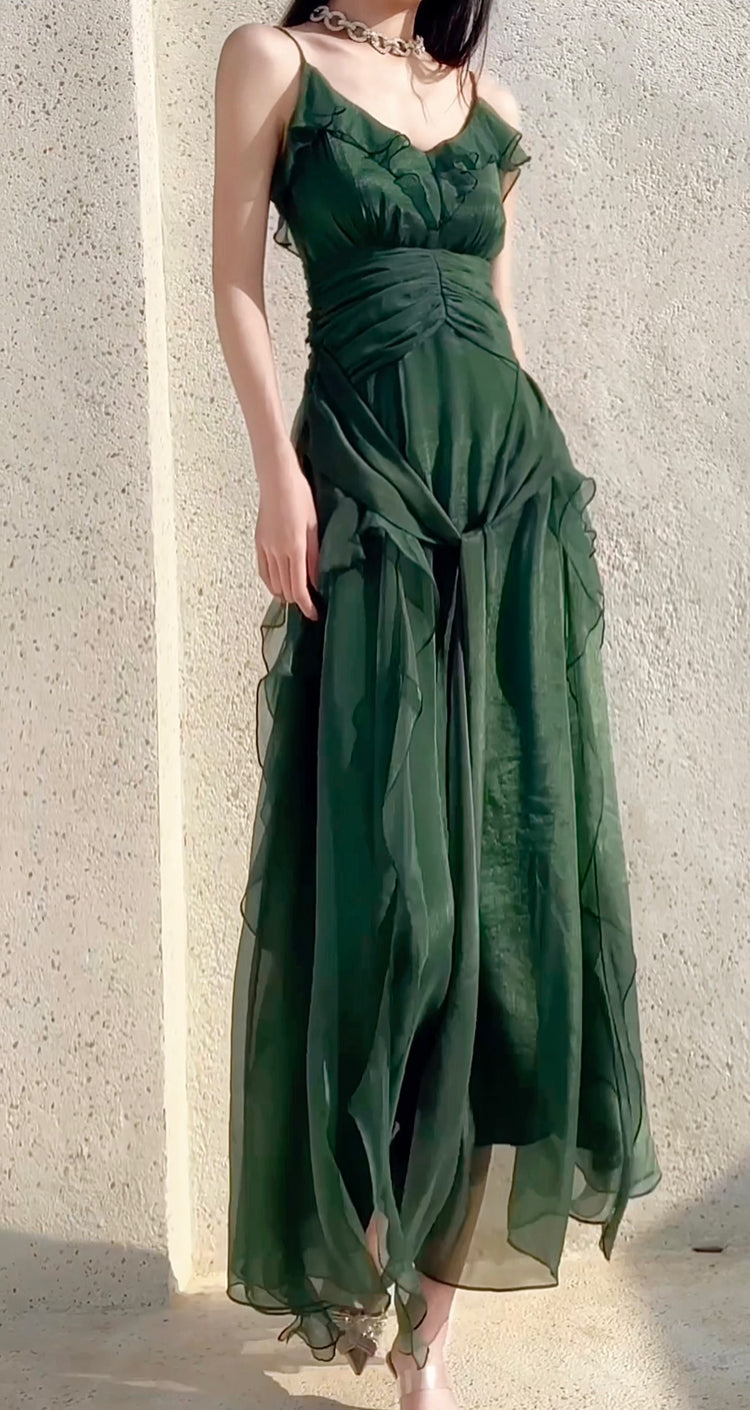 Green party dress women's ruffled long evening gown       S5979