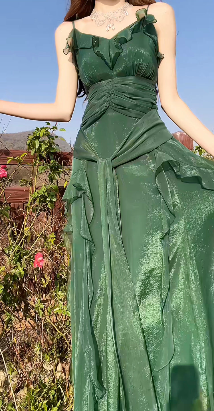 Green party dress women's ruffled long evening gown       S5979