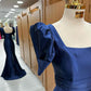Blue Long Mermaid Prom Dress with Bubble Sleeves and Square Neckline Slit      S5963