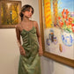 Green Vintage Printed Satin Midi Length Party Dress       S6197