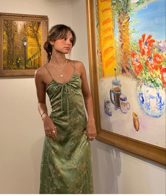 Green Vintage Printed Satin Midi Length Party Dress       S6197