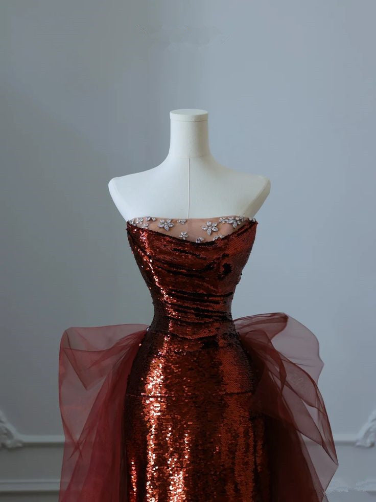 Glam Wine Red Sequins And Tulle Long Party Dress, Wine Red Evening Dress Prom Dress    S6443