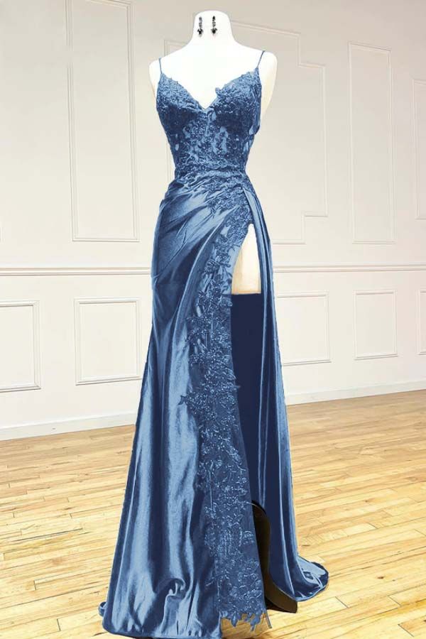 V Neck Spaghetti Strap Sleeveless Long Split Prom Dress      S6459