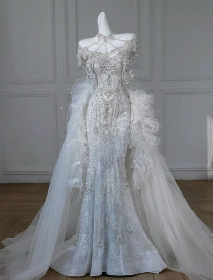 Elegant Mermaid Sweetheart Tulle Lace Long Wedding Dresses        S6403