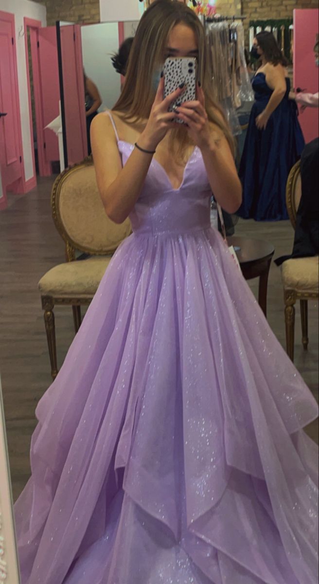 Glitter Lilac Spaghetti Straps Prom Dress      S6294