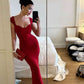 Elegant Red Sheath Evening Gown, Prom Dresses With Slit    S6191