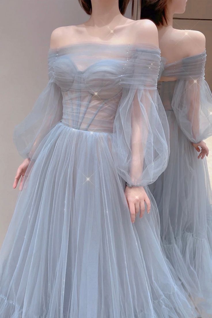 Blue Tulle Long Prom Dress, Beautiful Long Sleeve Tulle Evening Dress        S6283