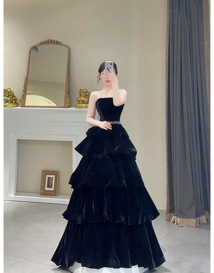 Black Long Velvet Prom Dress Long Formal Evening Dresses     S3508