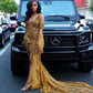 Mermaid Gold Sequin Long Black Girl Prom Dress Slit Formal Dress          S6174