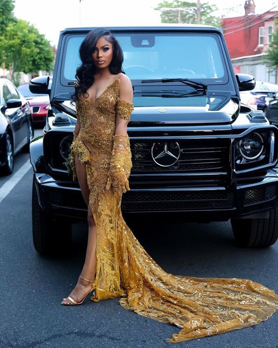 Mermaid Gold Sequin Long Black Girl Prom Dress Slit Formal Dress          S6174