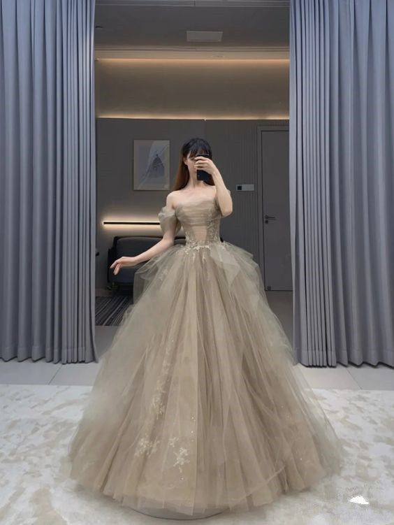 Ball Gown Off The Shoulder Long Prom Dress Tulle Evening Dress     S6346